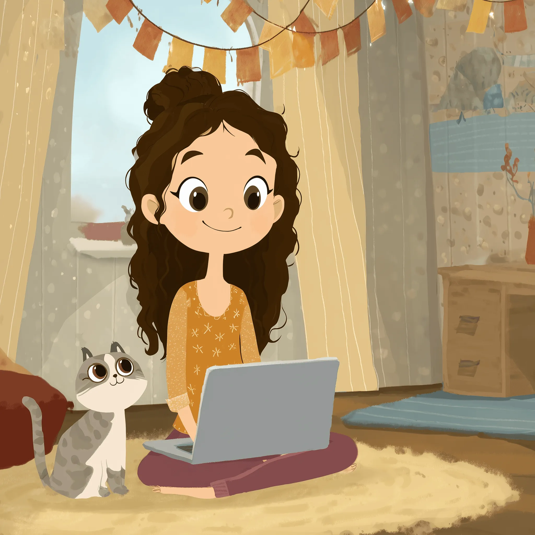 Colombian woman learning Tibetan in her room with laptop