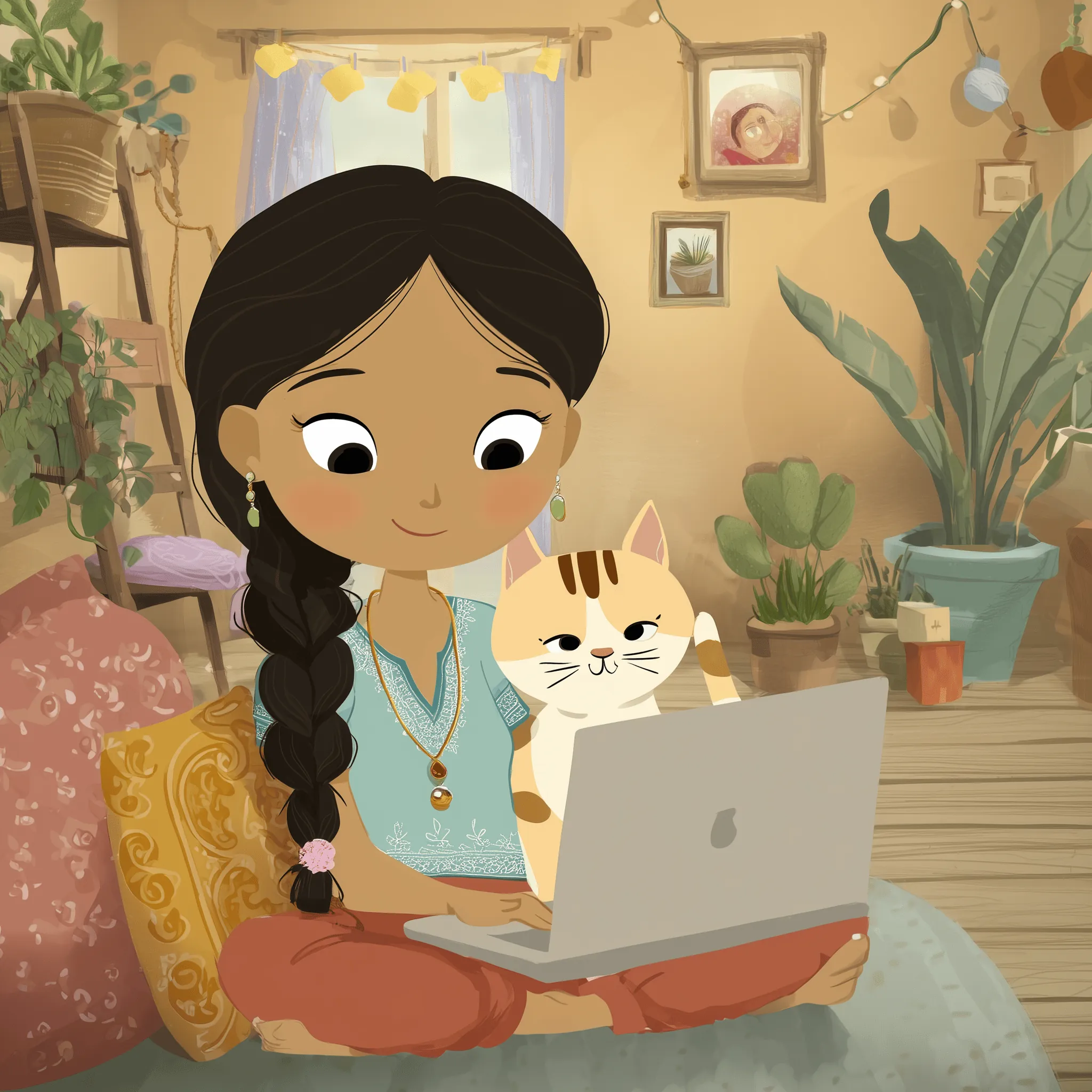 Colombian woman learning Tibetan in her room with laptop