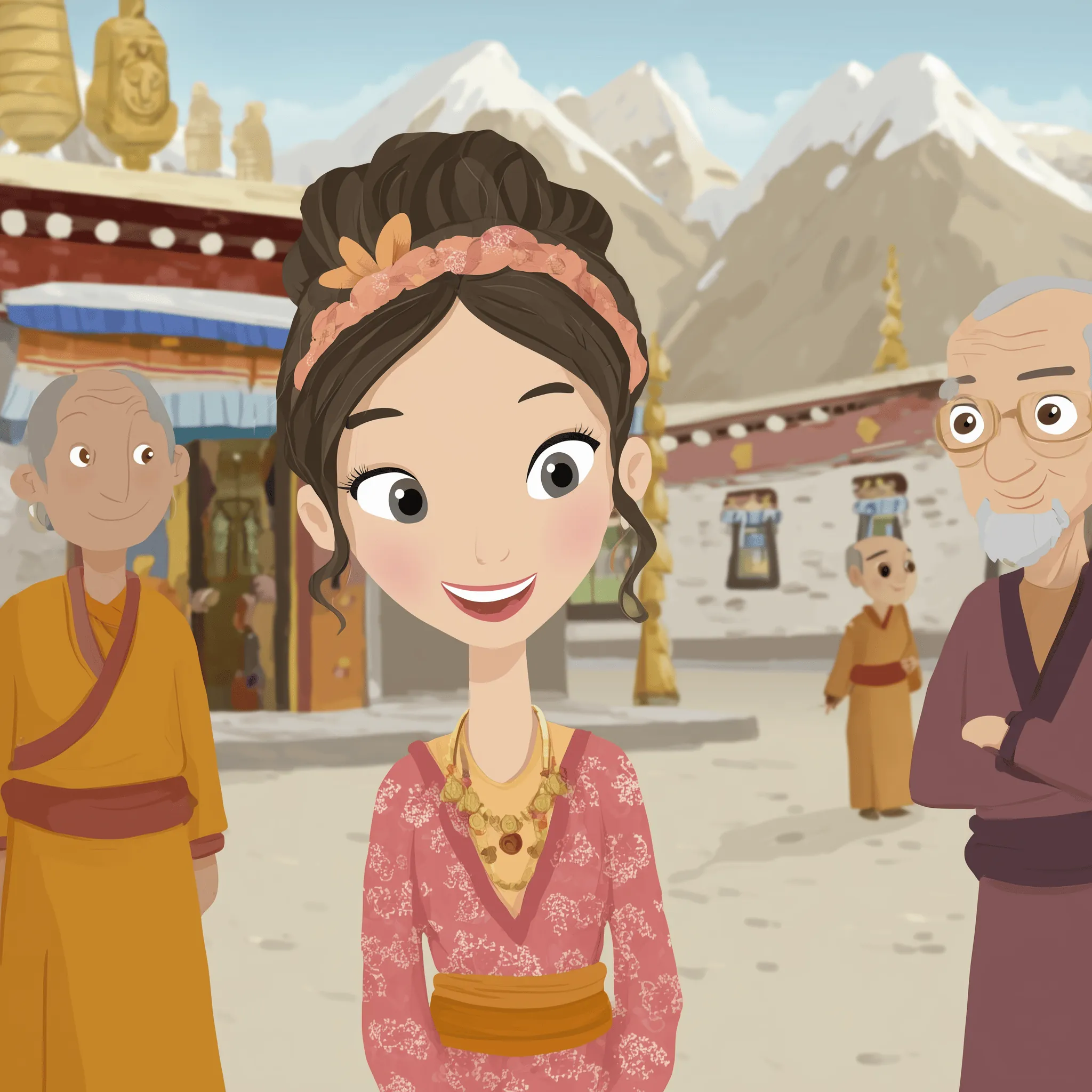 Western woman talking with Tibetans