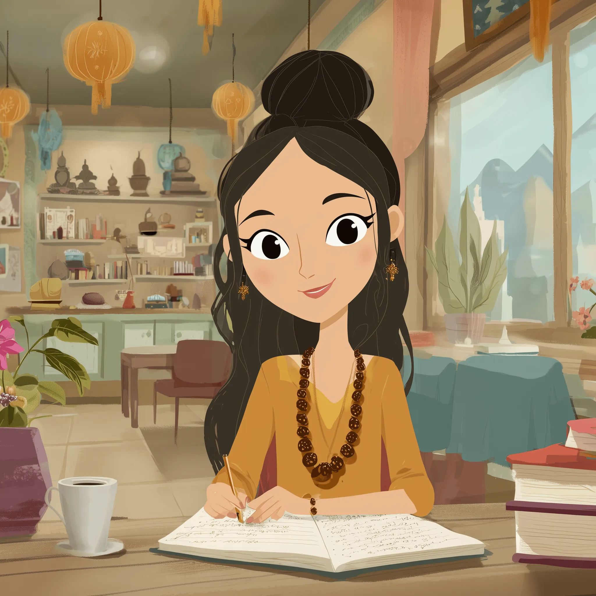 Woman studying Tibetan in a cafe smiling