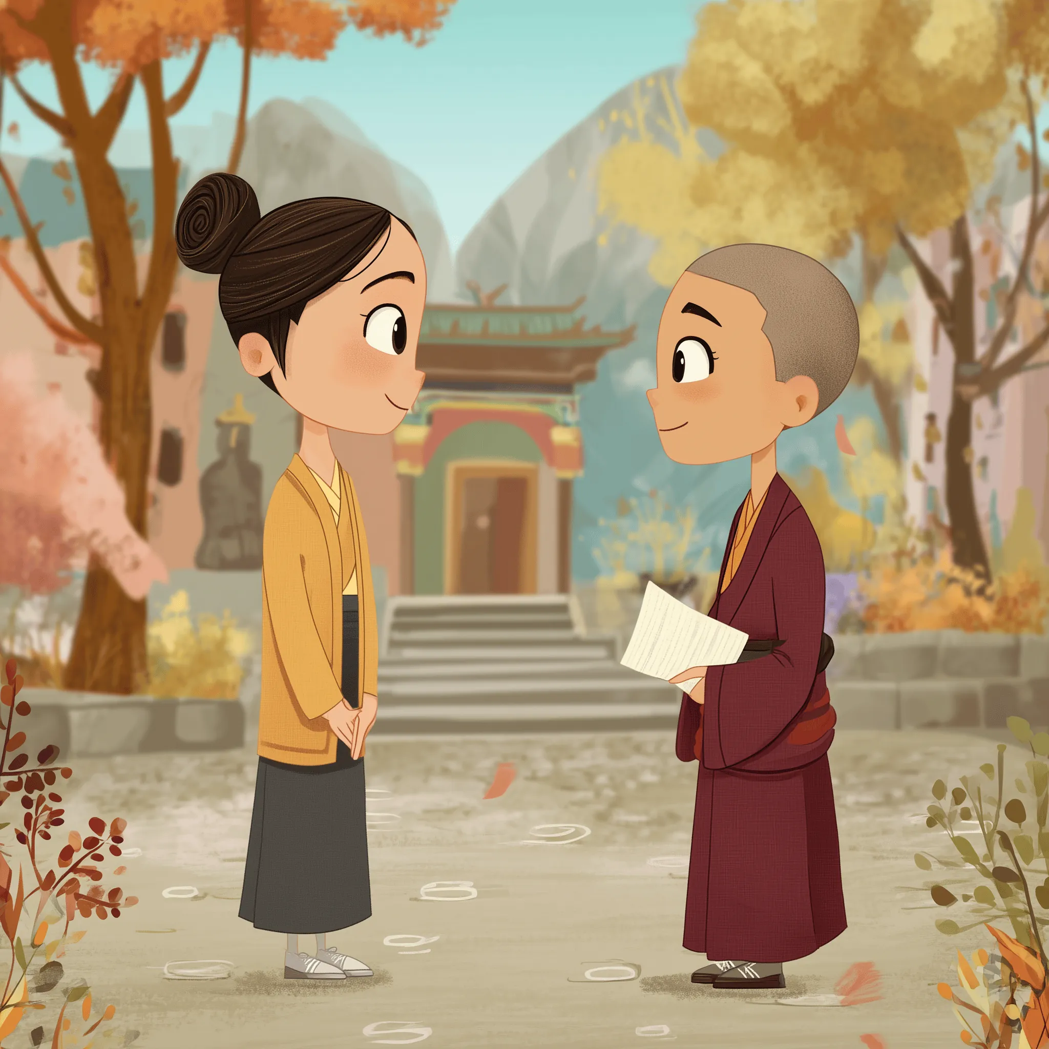 Young European woman talking with Tibetan nuns