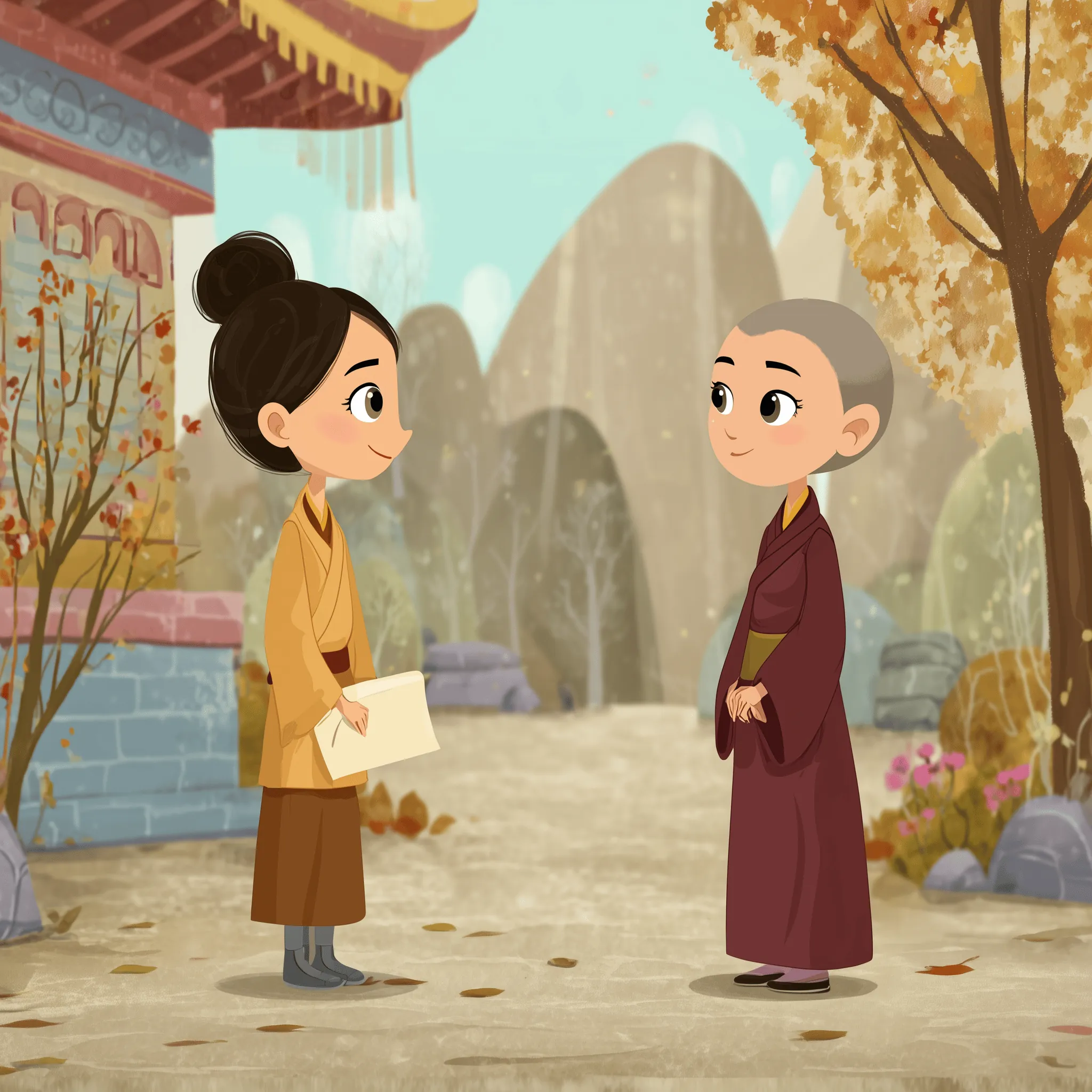 European woman talking with tibetan nuns